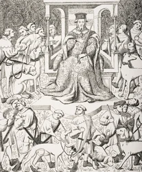Gaston Phoebus (1331-91) lehrt die Kunst der Jagd, nach einer Miniatur des 15. Jahrhunderts von Phoebus und seinem Stab bei der Jagd auf wilde Tiere und Greifvögel, aus 